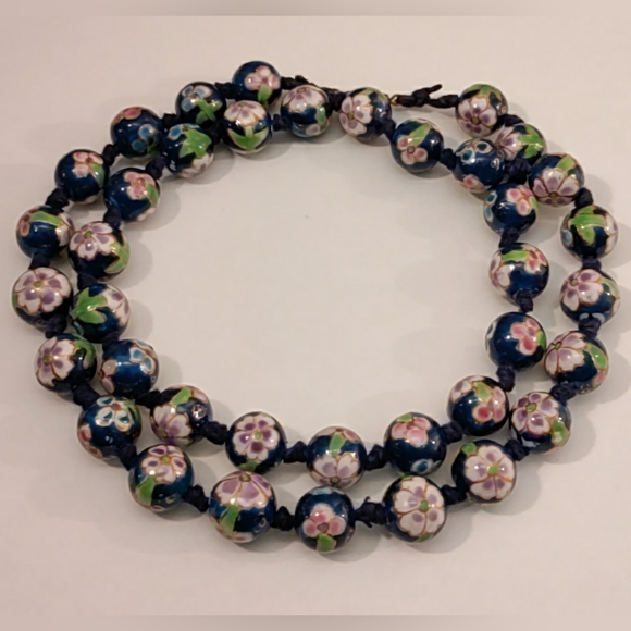 Vintage Chinese Export Cloisonné Champlevé Blue Enamel Pink Flower Bead Necklace - Picture 2 of 4